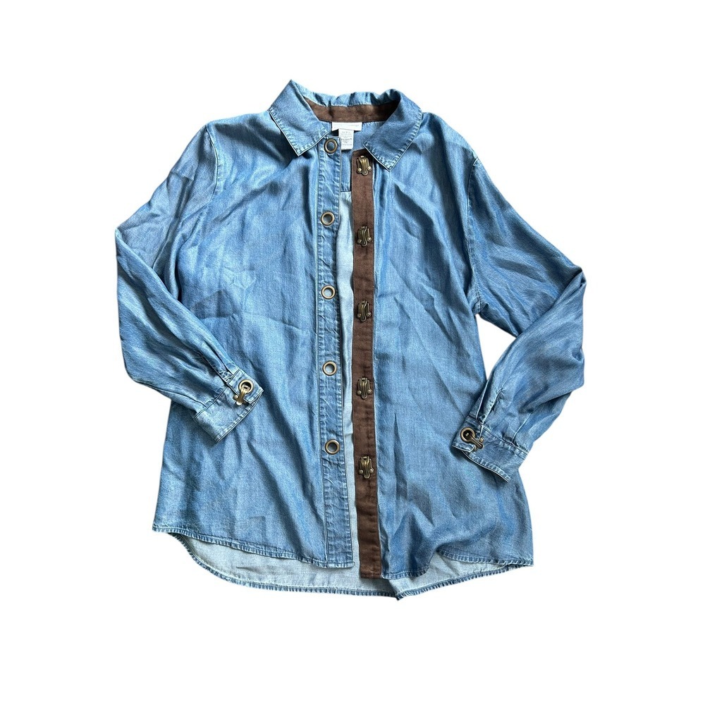 Soft Surroundings Denim Shirt Brown Trim Brass Details Long‎ Sleeve Women PL